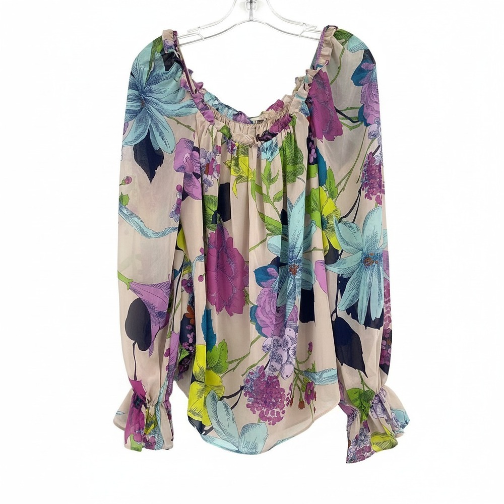 Trina Turk Beige Purple Blouse Puff Sleeve Floral | Womens S